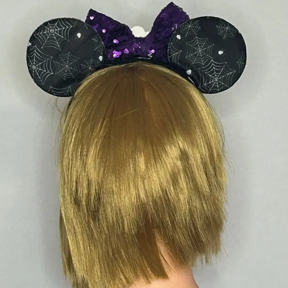 Handmade Halloween Mouse Ears Headband Purple Sequin Bow Spiderweb Ghost